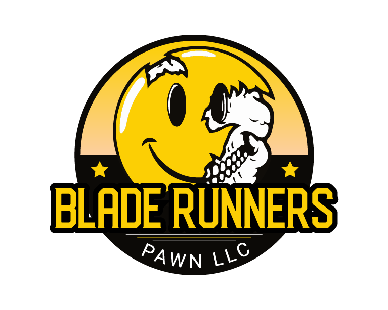 Logo for Blade Runners Pawn LLC featuring a yellow circular badge with a skull-like smiling face and bold Blade Runners text over a black band.